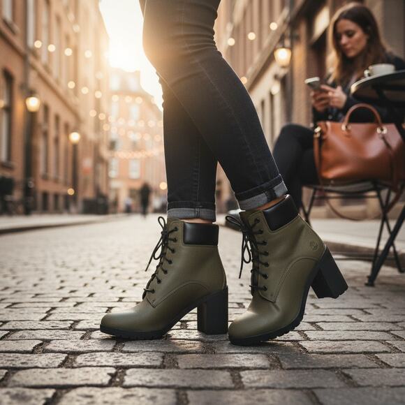 Timberland Allington Boots Heeled Womens 9 Olive Green Leather Lace Up Lug Sole - Picture 11 of 11